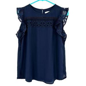 Loft‎ size XS blue short flutter sleeve blouse top shirt sheer lace detail